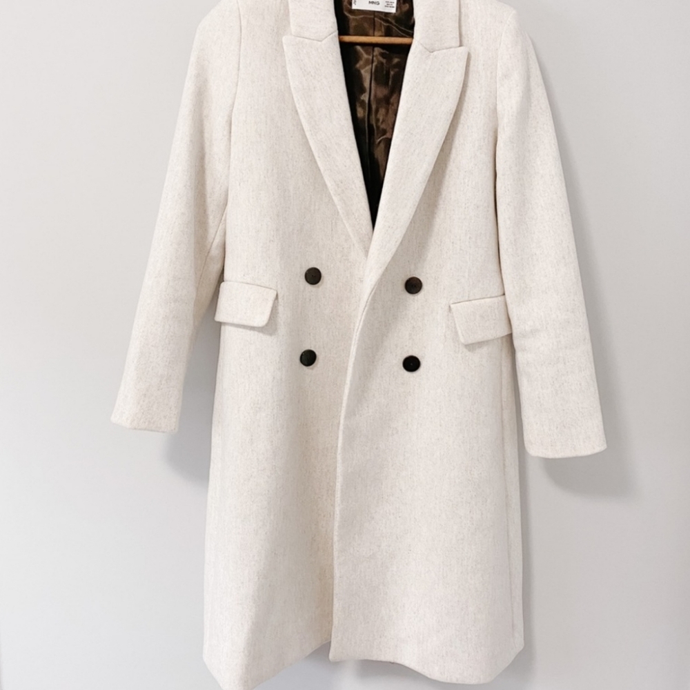 Mango Off-White Double-Breasted Wool Pea Coat